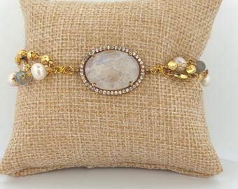 3-Strand Swarovski, Pyrite, Pearl and Labradorite Bracelet w/ Rainbow Moonstone & MOP Clasp