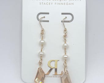 Elegant Gold-Filled Freshwater Pearl Drop Earrings with Swarovski Crystals, Handmade Long Pearl Earrings, Bridal & Evening Earrings 2.5 Inch
