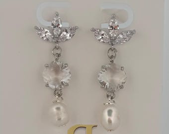 Fresh Water Pearls on AAA CZ Leaf Post w/Faceted White Gold Lucite Square