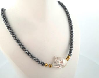 Handmade Hematite & Pyrite Choker with 16mm Baroque Pearl | Statement Gemstone Necklace | Boho Jewelry