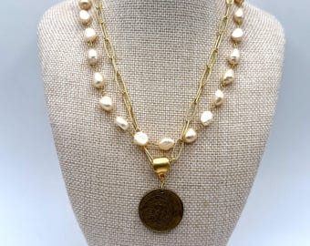 Freshwater Pearl Necklace - Vintage Israeli Coin, Double Chain