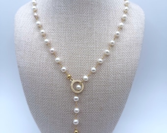 Elegant Pearl Lariat Necklace, Handmade Freshwater Pearl Necklace with Swarovski Crystal Drop, 22" Y Necklace