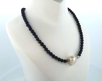 Handmade Lapis, Pyrite & Baroque Pearl Choker | Statement Gemstone Necklace | Boho Jewelry
