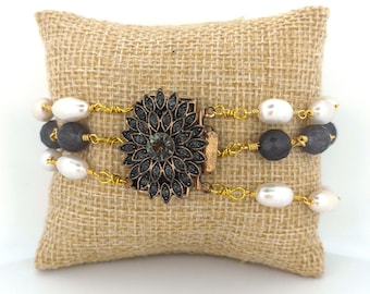 Elaborate Triple-Strand Pearl & Gray Jade Bracelet with Ornate CZ Box Clasp – Elegant Handmade Jewelry
