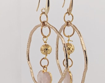 Handmade Gold Plated Rose Quartz Heart Earrings - Volcanic Rock