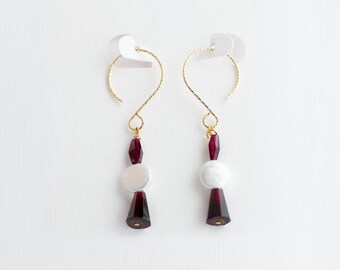 Freshwater Pearl Garnet Earrings, Gold Filled Dangle Earrings, Handmade Pearl and Double Garnet Jewelry