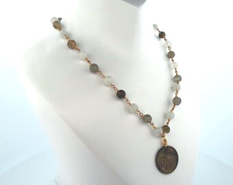 Rainbow Moonstone & Labradorite Necklace with Authentic Czech Coin – Boho Gemstone Pendant