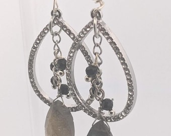 10x19 Labradolite Marquise with 3mm Black Tourmaline Pave Tear Drop Earrings