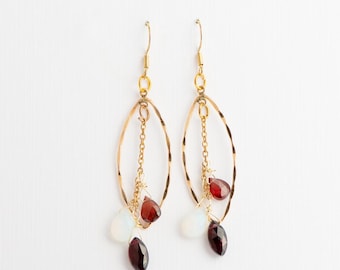 Double Garnet Opalite Earrings with a Hammered Marquise and Gold Filled Earwires