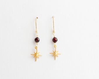 Petite Gold Filled Garnet Earrings, Tiny Twinkle Star Earrings, Handmade Dainty Garnet Dangle Jewelry, Customizable with other stones