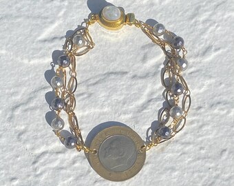 Turkish Lira Coin Bracelet: Black Pyrite, Moonstone Clasp