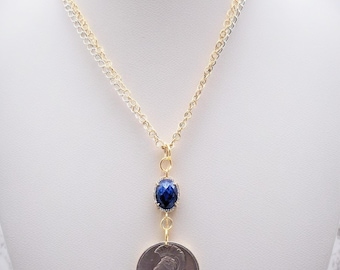 Rare Greek Drachma Coin with Lapis / CZ/ Gold Vermeil Bezel with Silver and 18KGP Chain