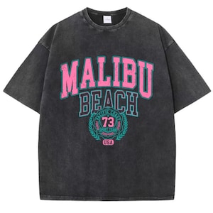 Camiseta de algodão lavado malibu praia simples carta impressão camiseta moda solta topos roupas femininas casuais