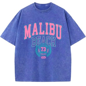 Camiseta de algodão lavado malibu praia simples carta impressão camiseta moda solta topos roupas femininas casuais
