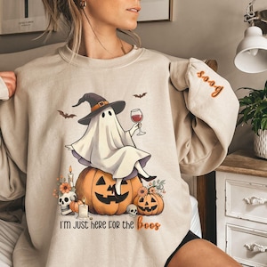 I&#39;m Just Here for the Boos Sweatshirt, Halloween Sweatshirt, Ghost Sweatshirt, Funny Halloween Shirt, Mom Wine Sweatshirt, Fall Sweatshirt