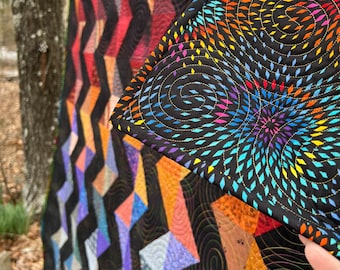 modern quilt, black quilt, bright quilt, gradient, zigzag quilt, rickrack, nap quilt, 60"x83"...FREE SHIPPING..ready to ship