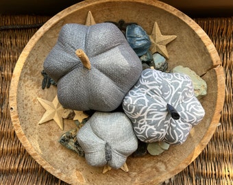 shades of gray fabric pumpkins, farmhouse cloth pumpkins, burlap print, Fall wedding decor - set of 3 pumpkins w/ 1 set of bling -  #130