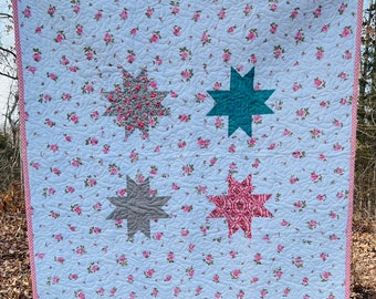 Vintage Star Rose Baby Quilt, stroller quilt, crib quilt, car seat, floor play quilt, reversible quilt