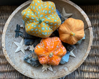 batik orange pumpkins, turquoise cloth pumpkins, cloth pumpkins, boho cloth pumpkins - set of 3 pumpkins w. 1 set of bling - #106