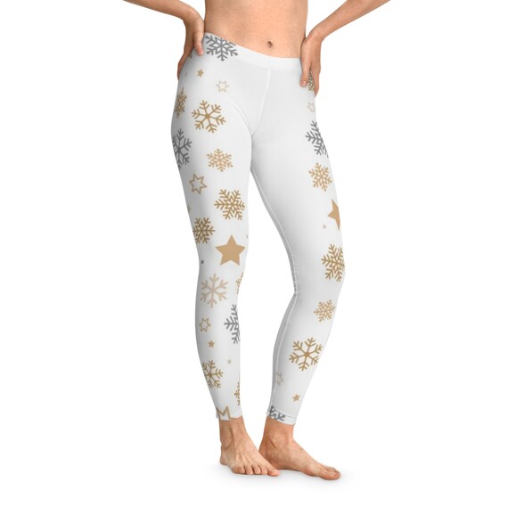 Festive Christmas Leggings for Woman Holiday Stretchy Leggings Snowflake Leggings for Holiday Party white Leggings With Gold Snowflakes Etsy