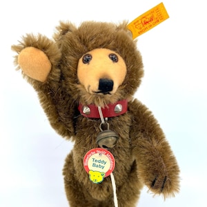 Steiff Germany Teddy Baby 1930 Historic Miniature Bear Replica Mohair Plush 1990s ID Button Tags 16cm 6.5 inches Spike Collar Vintage Toy