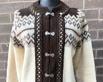 Nordic Wool Cardigan Ski Sweater 1970s Brown Cream Nordstrikk Norway Size 14 Large Pewter Frog Clips Fair Isle Scandinavian Cottagecore