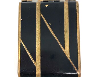 Vanstyle Art Deco Powder and Rouge Compact Black Enamel Brass Structural Decor Polished Metal Mirror 1920s Signed Vintage Vanity Case