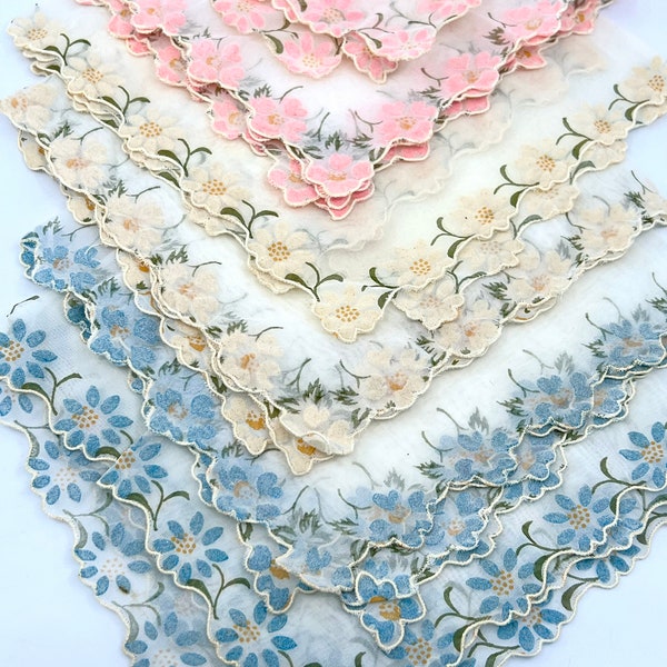 Vintage Handkerchief Lot 6 Sheer Nylon Chiffon 1940s Flocked Floral Scalloped Edges Craft or Display