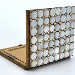 Marhill MOP Disk and Rhinestone Powder Compact 1950s 1960s Vintage Mother of Pearl Vanity Case