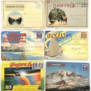 Składana pocztówka, zestaw 6 sztuk, rocznik 1920-1950, Spokane, Niagara Rainier, Seattle Rockies, region węglowy, wysłana w kolorze Curt Teich FH Leslie