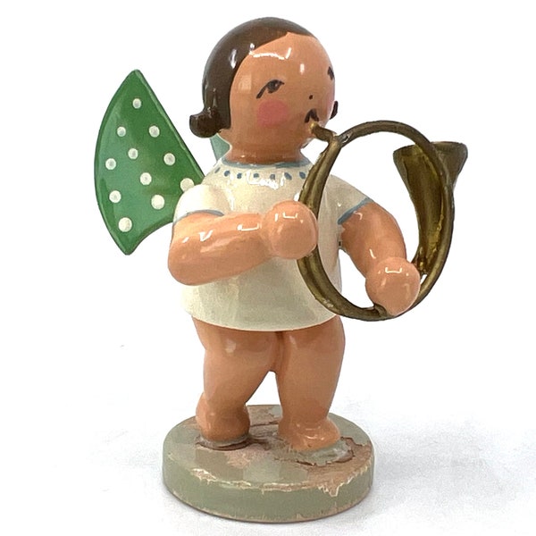 Erzgebirge Wendt und Kuhn 1990s Dot Angel Orchestra French Horn Player Wood Figure 2.5 inches W&K Putz Germany