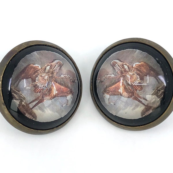 Victorian Bridle Rosette Button Matched Pair Die Cut Native on Horse Glass Dome Brass Back Repro Equestrian Vintage can convert to brooch