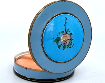 Rex Fifth Avenue 1940s Powder Compact Baby Blue Guilloche Enamel with Painted Rose Velvet Puff Detached Mirror Vintage Vanity Case