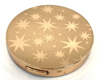 Elgin American Ladies Powder Compact Atomic Starburst 1950s Brass Brushed and Shiny Design Signed Puff Vintage Vanity Case