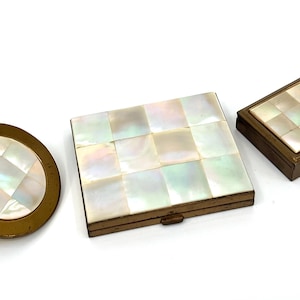 Marhill 1950s MOP set of 3 Pillbox Powder Compact and Lipstick 1 Label Mother of Pearl Vintage Vanity Cases