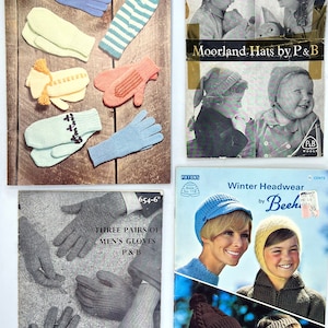 Patons Knitting Pattern Booklet Lot of 4 Vintage Winter Headwear Hats Mitts Gloves Kids and Adults Instructions and Photos