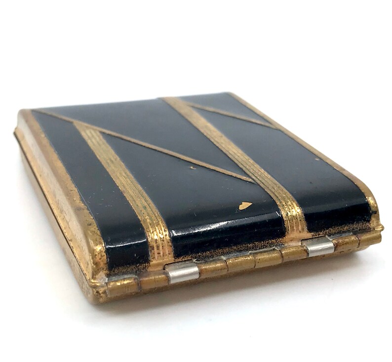 Vanstyle Art Deco Powder and Rouge Compact Black Enamel Brass Structural Decor Polished Metal Mirror 1920s Signed Vintage Vanity Case