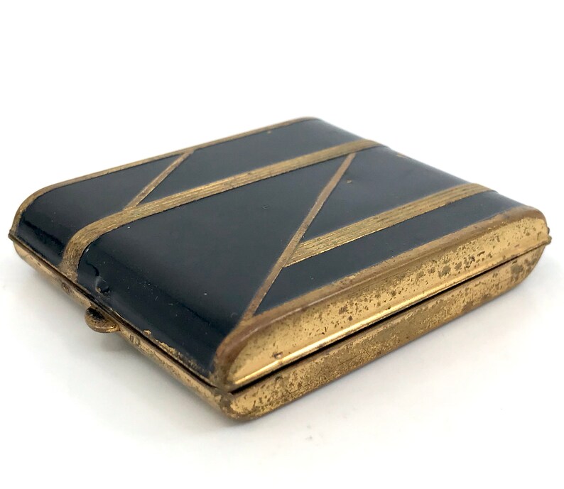 Vanstyle Art Deco Powder and Rouge Compact Black Enamel Brass Structural Decor Polished Metal Mirror 1920s Signed Vintage Vanity Case