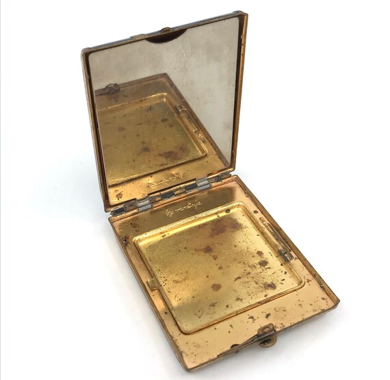 Vanstyle Art Deco Powder and Rouge Compact Black Enamel Brass Structural Decor Polished Metal Mirror 1920s Signed Vintage Vanity Case