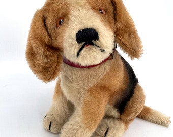 Steiff Germany Biggie Beagle Dog sitting Mohair Plush ID Button 1960s Squeaker Vintage Stuffed Toy