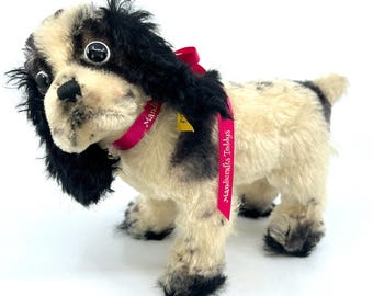 Steiff Cockie Cocker Spaniel Hund schwarz weiß Mohair Plüsch 1960s ID Button Tag 19 cm 7,5 Zoll Quietsche Vintage Stofftier