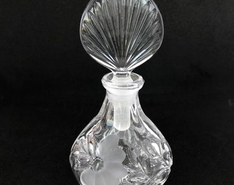 Vintage Perfume Bottle Pressed Glass Frosted and Clear Petals Leaves Ground Stopper Dauber 6 inches