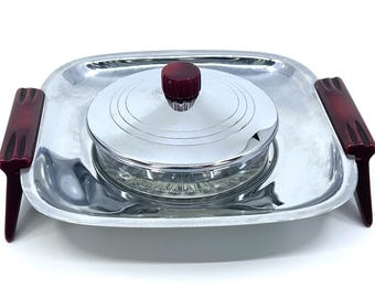 Glo Hill serveren botervlootje met deksel Gourmates jaren 1950 MCM spoetnik bakeliet en chroom origineel label vintage servies