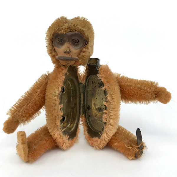 Antique Schuco Germany Monkey Powder Compact Art Deco 1920s Vanity Case Mohair Plush Mirror 3.5 inches 9 cm Miniature Jointed Ginger Blonde
