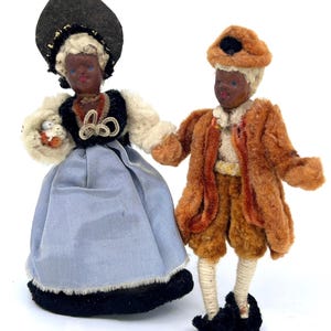 Dollhouse Victorian Black Doll x 2 Couple 5 inches Chenille Stem Comp Head c1950s Germany