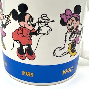 Op de afbeelding: Witte keramische mok met illustraties van Minnie Mouse in verschillende poses. De mok heeft een blauwe band met de jaren 1955 en 1990. De handgreep is wit.