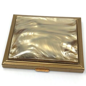 Flair Fifth Avenue Powder Compact Lucite Caramel MOP c1940s Original Puff Base Label Vintage Brass Vanity Case