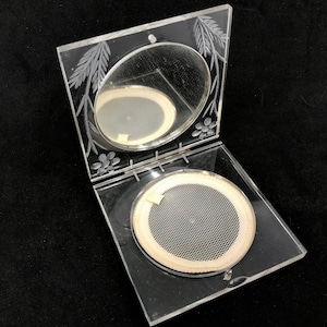 Vintage Lucite Clear Reverse Carved Floral Powder Compact Original Unused Sifter 1950s Vanity Case 4 inches
