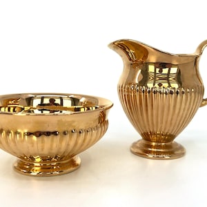 Creamer Jug and Open Sugar Bowl Set 1940s Golden Age Royal Winton Grimwades Gold Gilt Ribbed Bone China 5 oz Vintage