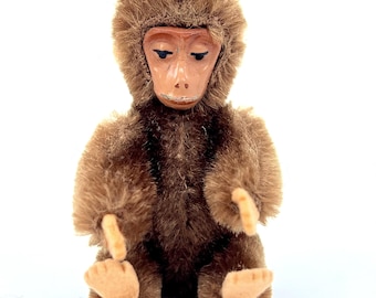 Vintage Schuco Toy Mohair Monkey 1960's Jointed Plastic Face 28 Cm